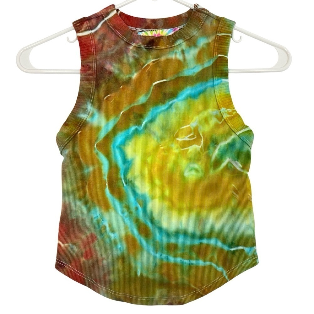 Geode Tie Dye Ribbed Tank Top Crop Womens Size XS Handmade Upcycled Neon Multi